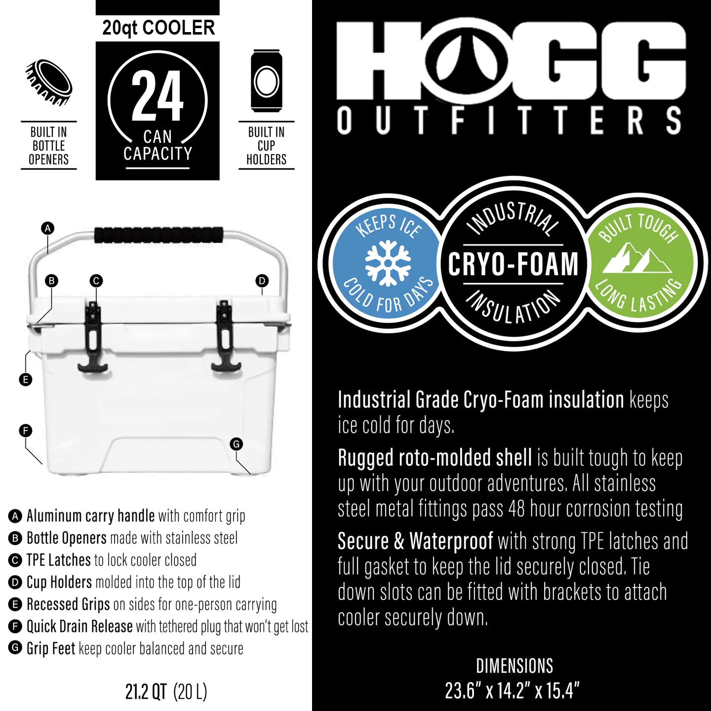 HOGG 20QT Insulated Cooler – Rugged, Leak-Proof Ice Chest for Camping, Fishing & Tailgates